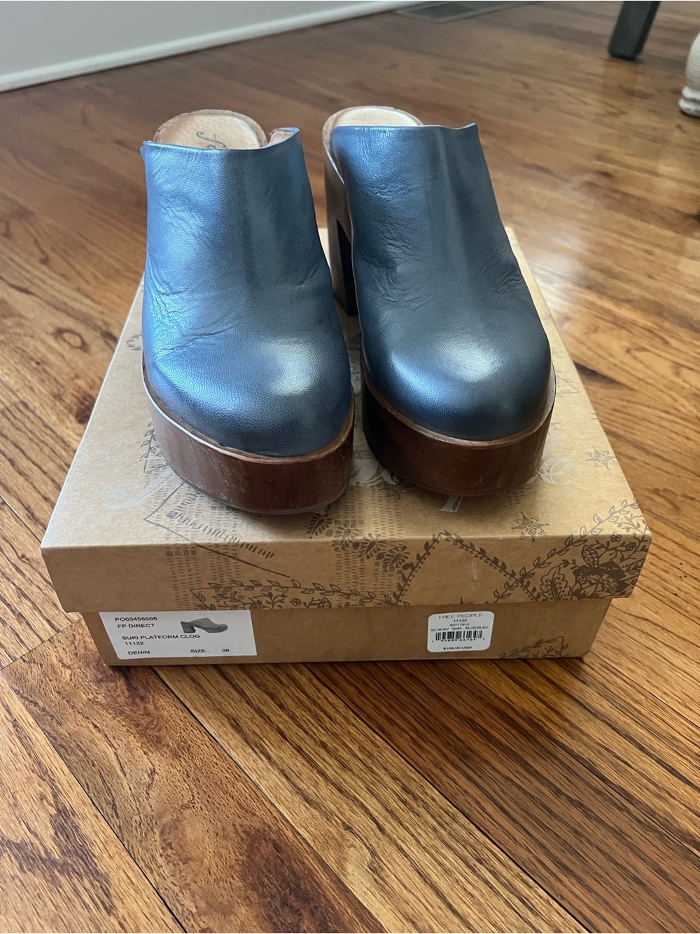 Leather Black Platform Clog Mules with Wood-Effect Sole